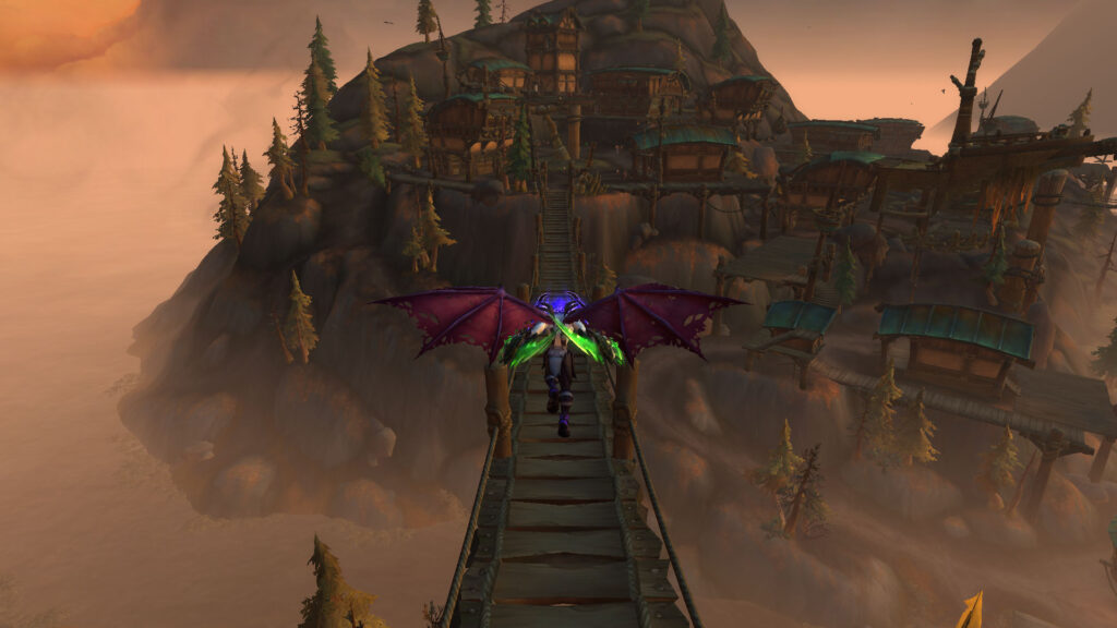 WoW Demon Hunter hovers over a very long bridge